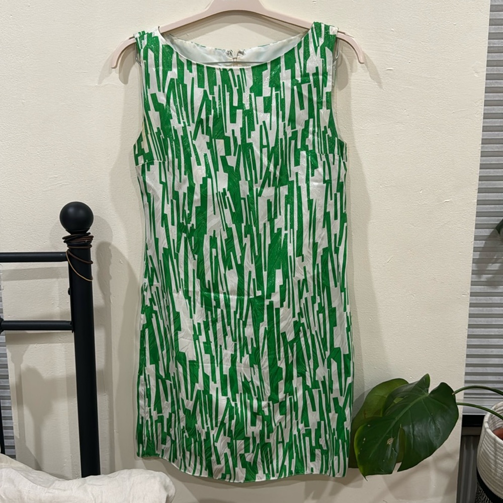 Green and White geometric Boatneck Dress